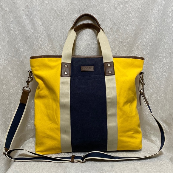 Coach Handbags - Coach Heritage Web Canvas Pieced Stripe Tote In Yellow/Navy
